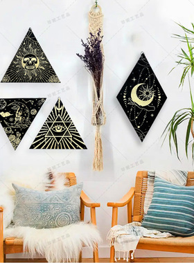 乡村波西米亚墙壁装饰太阳月亮瑜伽墙装饰菱形木眼标志三角钟摆板