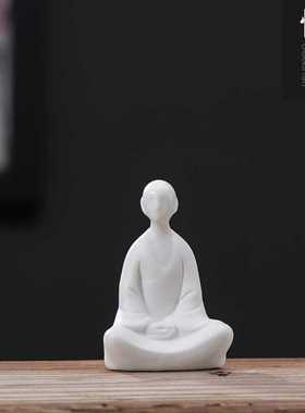 禅意白瓷人物中式小和尚茶道配件陶瓷无相佛盆景鱼缸装饰家居摆件