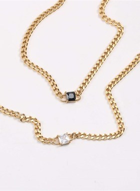 Square Zircon Necklace Thick Chain Titanium Steel Electropla