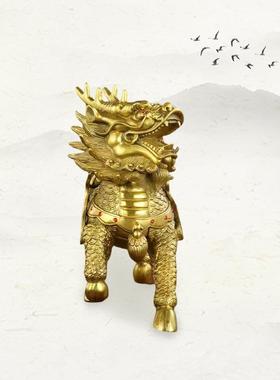 直销新款镇宅纳福威武麒麟纯黄铜古法手工制作工艺品摆件铁艺