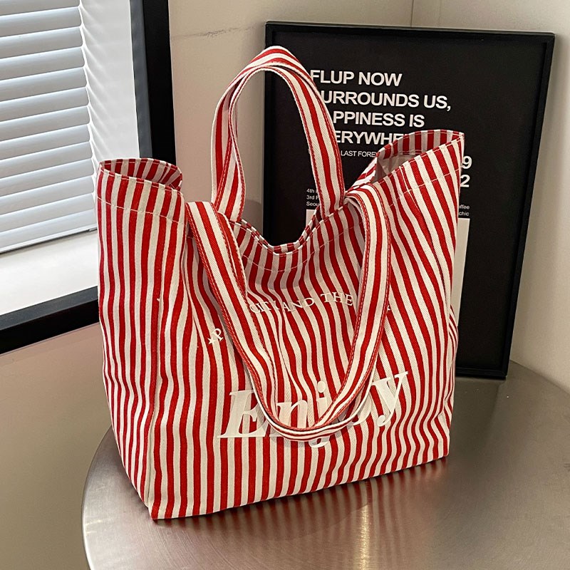 休闲大容量条纹托特包女2025新款时尚字母手提袋大学生单肩通勤包 - 图3
