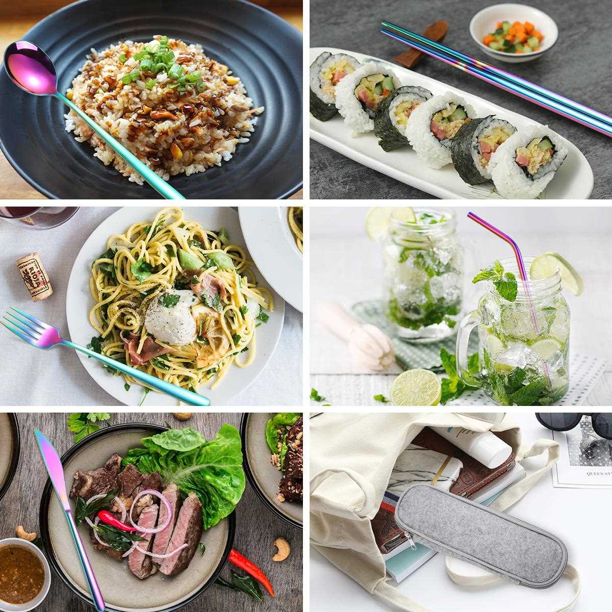 新款直销跨境304不锈钢韩式刀叉勺子筷子吸管户外便携餐具套装7件 - 图1