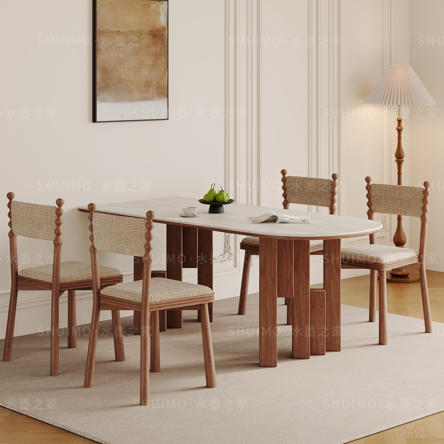 德利丰岩板洞石法式餐桌家用小户型轻奢奶油黑色长方形餐桌子客厅 - 图0