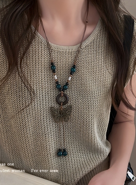 复古民族风树叶流苏项链轻奢小众