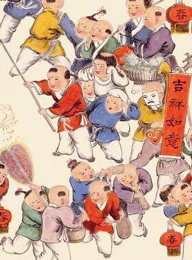 水墨宣言新中式百子图挂画客厅装饰画横版年画吉祥壁画国风迎福图