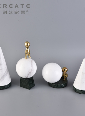 现代简约大理石圆球人物卡通摆件样板间儿童房间卧室书架软装饰品