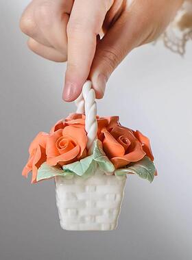 陶瓷手工花篮家居装饰花艺小摆件车载客厅桌面电视柜仿真花朵摆件