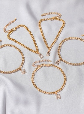 好货Tiny A-Z Initial Letter Anklets For Women Gold Charm CZ