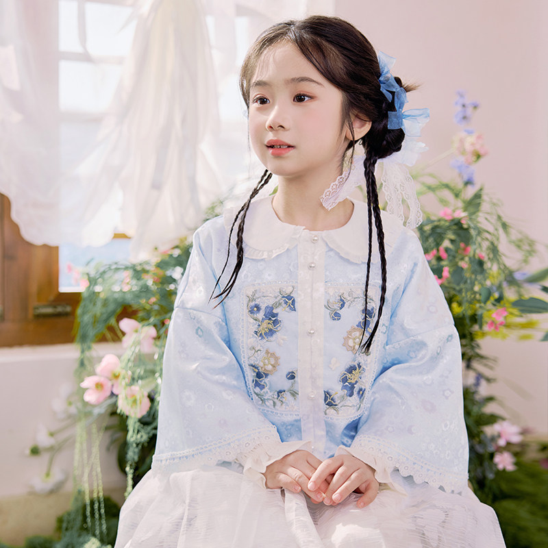 观山见笛莎联名童装国风汉服套装女童刺绣上衣改良百褶裙白色半裙,淘宝优惠券,粉丝福利购,淘宝优惠卷
