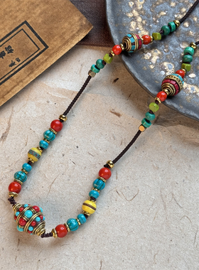 尼泊尔铜珠藏式民族风彩石项链