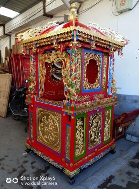 制定抬神佛轿子花轿图片 古典松木雕花彩绘抬佛八抬大轿