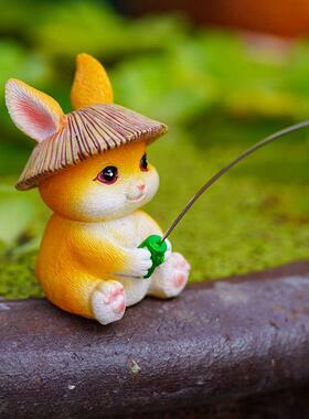 鱼缸造景摆件小兔子垂钓鱼假山流水鱼池花园花盆微景观水族箱装饰