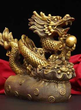 新款直销铜龙摆件黄铜黄金袋龙聚宝盆龙金钱龙黄铜龙青龙家居办公