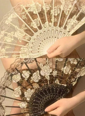 新中式黑色蕾丝折叠小扇子夏天国风古风舞蹈马面裙折扇女拍照道具
