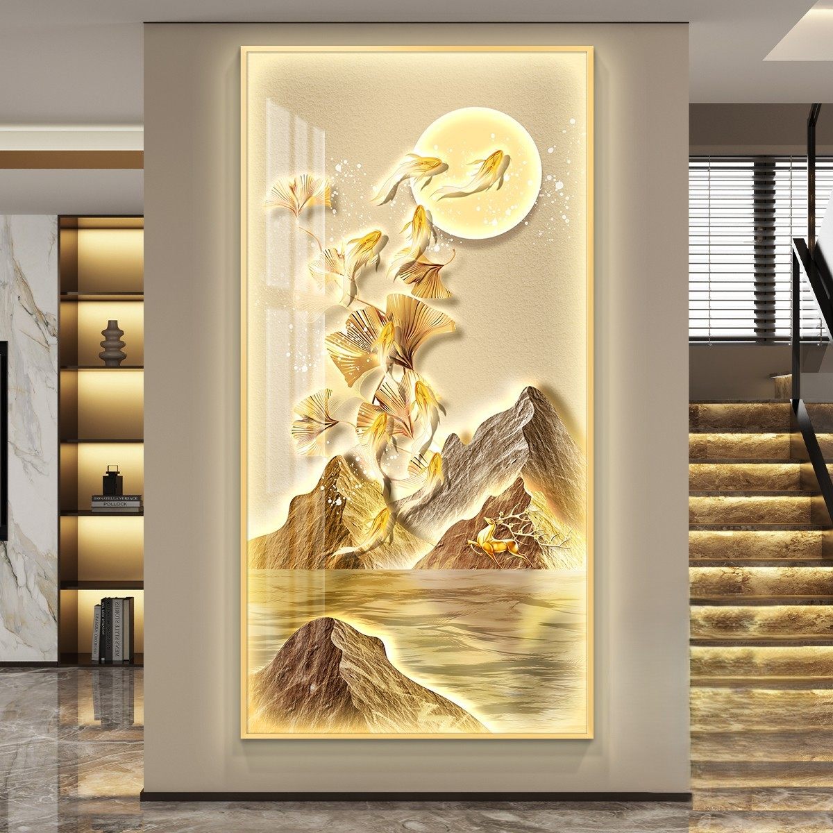 九鱼聚财LED灯画玄关装饰画入户走廊过道正对门挂画轻奢金山壁画,淘宝优惠券,粉丝福利购,淘宝优惠卷