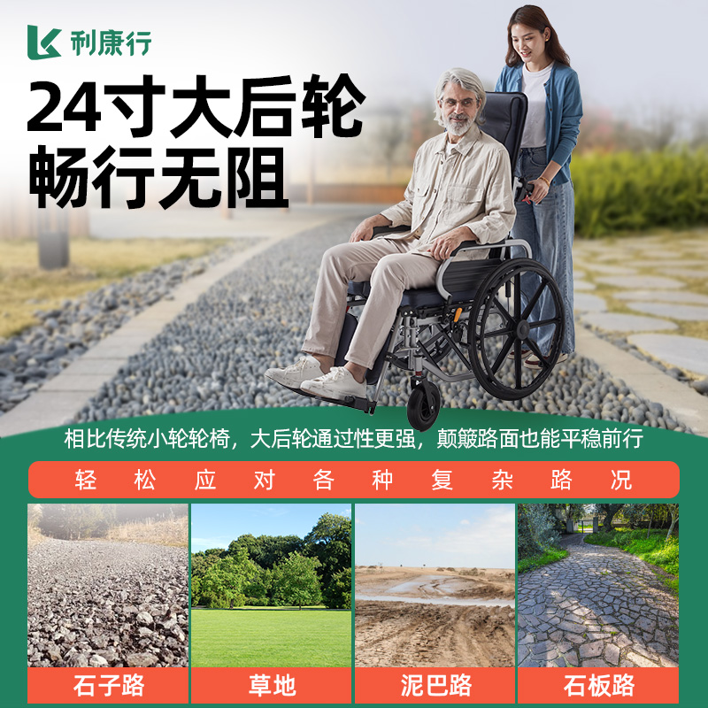 利康行轮椅车折叠轻便瘫痪老人专用年轻人骨折代步手推车可推可坐 - 图2