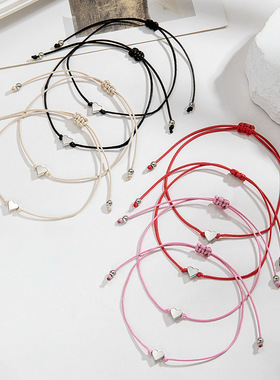 时尚简约风合金双爱心防水蜡线编织可调节祝福卡片手链2件套