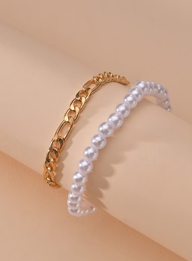 时尚优雅风合金手链珍珠弹力手链2件套适合女士女生通勤度假