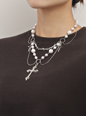 欧美跨境饰品 小众设计双层亮珍珠流苏十字星十字架项链女百搭