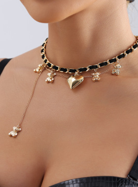 欧美跨境饰品 缠绕绒布小熊吊坠爱心项链女 冷淡风流苏锁骨链项饰