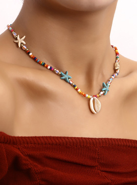 欧美跨境饰品 波西米亚彩色米珠海星贝壳吊坠项链女 海洋风女项饰
