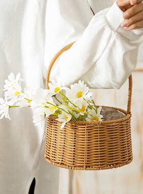 藤编手工花艺花篮金布衬小长方款田园风格仿藤手提式花器