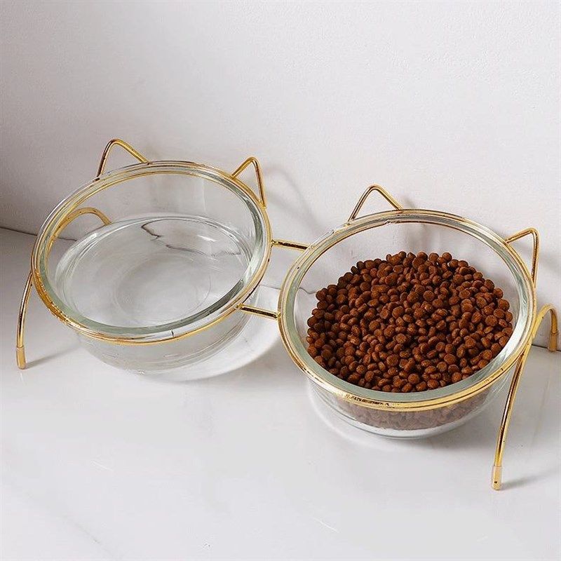 猫碗玻璃高脚猫咪碗斜口护颈椎喝水猫粮食盆透明狗宠物易清洗双碗,淘宝优惠券,粉丝福利购,淘宝优惠卷