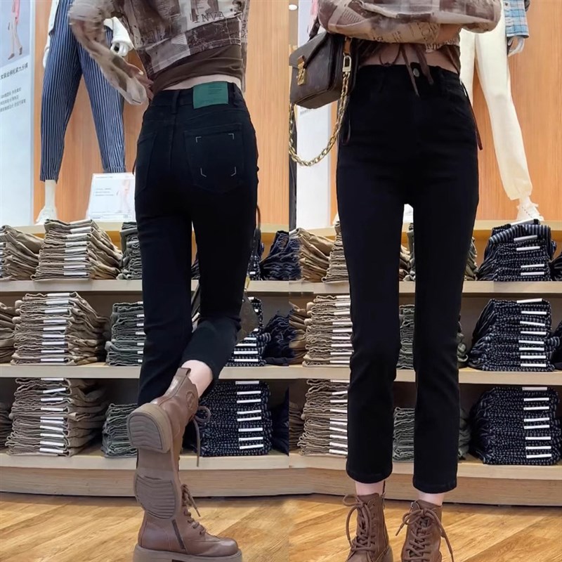 秋季新款大码黑色高腰弹力直筒牛仔裤女百搭显瘦小个子九分烟管裤 - 图0