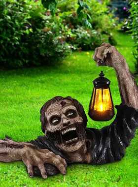 新款直销跨境新款万圣节僵尸提灯树脂工艺品摆件花园装饰品恐怖雕