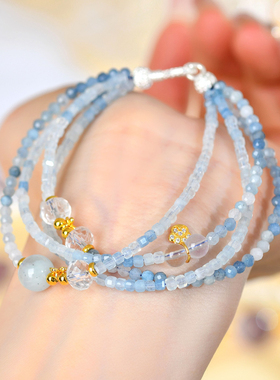 天然海蓝宝多层活扣手链S925银时尚原创网络爆款女士多圈手串高级