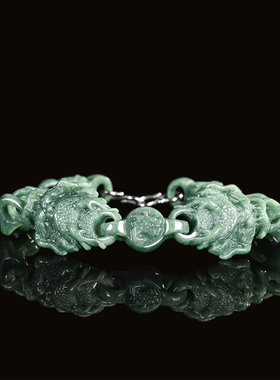 天然A货翡翠豆绿霸气双龙环环相扣手链冰种玉石手串男女款手饰