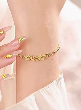 碎冰冰铜钱五帝钱币手链女S925纯银镀24k金色国风新中式盘缠手串