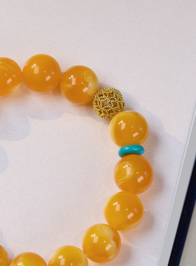 二代蜜蜡手串男女款12MM鸡油黄蜜蜡葫芦文玩轻奢小众精致福禄手链