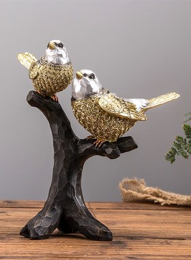 创意美式小鸟摆件新房家居装饰品客厅树枝鸟工艺品酒柜玄关摆设