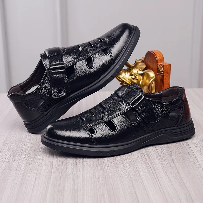 休闲皮鞋男潮新款洞洞真皮凉鞋镂空青年工作鞋软底透气百搭爸爸鞋,淘宝优惠券,粉丝福利购,淘宝优惠卷