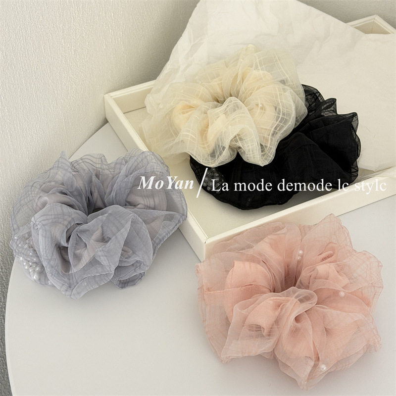 韩版双层格纹网纱珍珠大肠发圈感网红发绳慵懒丸子头头绳头花,淘宝优惠券,粉丝福利购,淘宝优惠卷