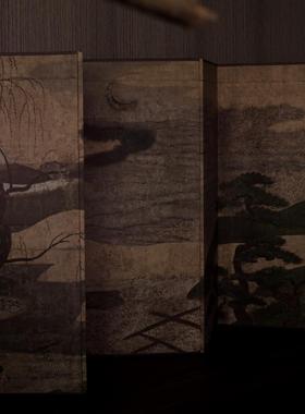 日式传统美学日月山水图图双面桌面小屏风茶桌屏风茶室背景摆件