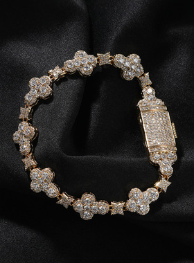 欧美跨境新品简约时尚10mm十字花手链微镶锆石气质闪耀手饰