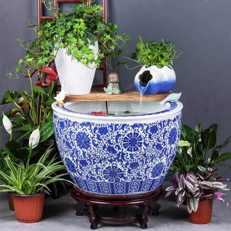 景德镇青花陶瓷古法养鱼缸碗莲睡莲荷花户外养龟缸庭院落地大水缸,淘宝优惠券,粉丝福利购,淘宝优惠卷