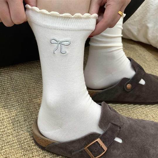 白色花边蝴蝶结袜子女春秋纯色中筒袜韩系提花款显瘦堆堆袜MM