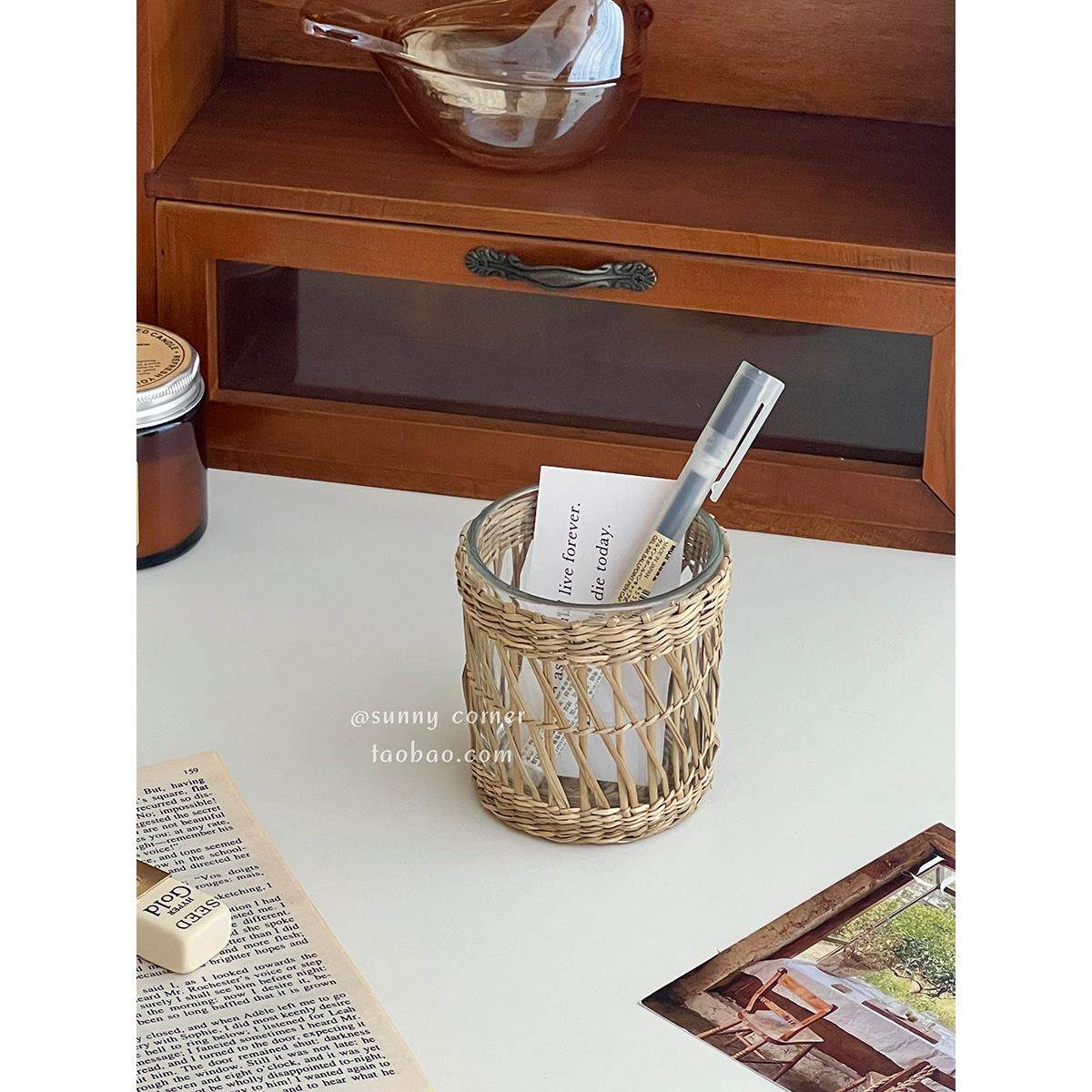 草编多功能化妆刷收纳筒桌面文具笔筒圆柱形手工编织玻璃收纳桶,淘宝优惠券,粉丝福利购,淘宝优惠卷