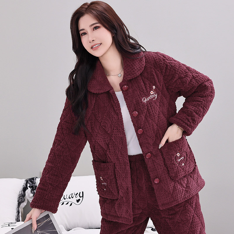 睡衣女士秋冬季三层加厚珊瑚绒夹棉袄保暖加绒新款中青年人家居服,淘宝优惠券,粉丝福利购,淘宝优惠卷