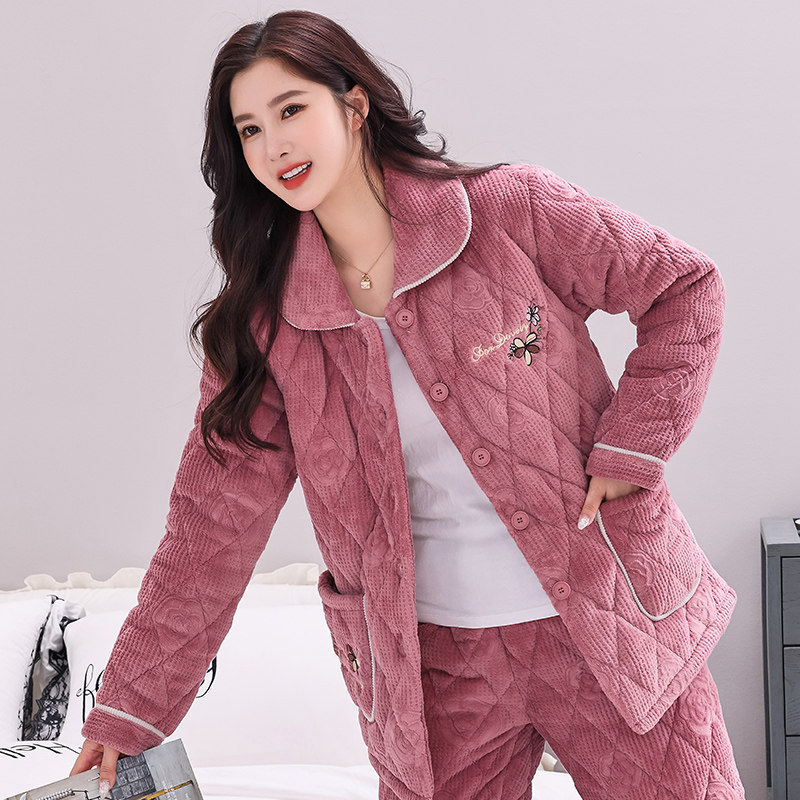 睡衣女士秋冬季三层加厚珊瑚绒夹棉袄保暖加绒新款中青年人家居服,淘宝优惠券,粉丝福利购,淘宝优惠卷