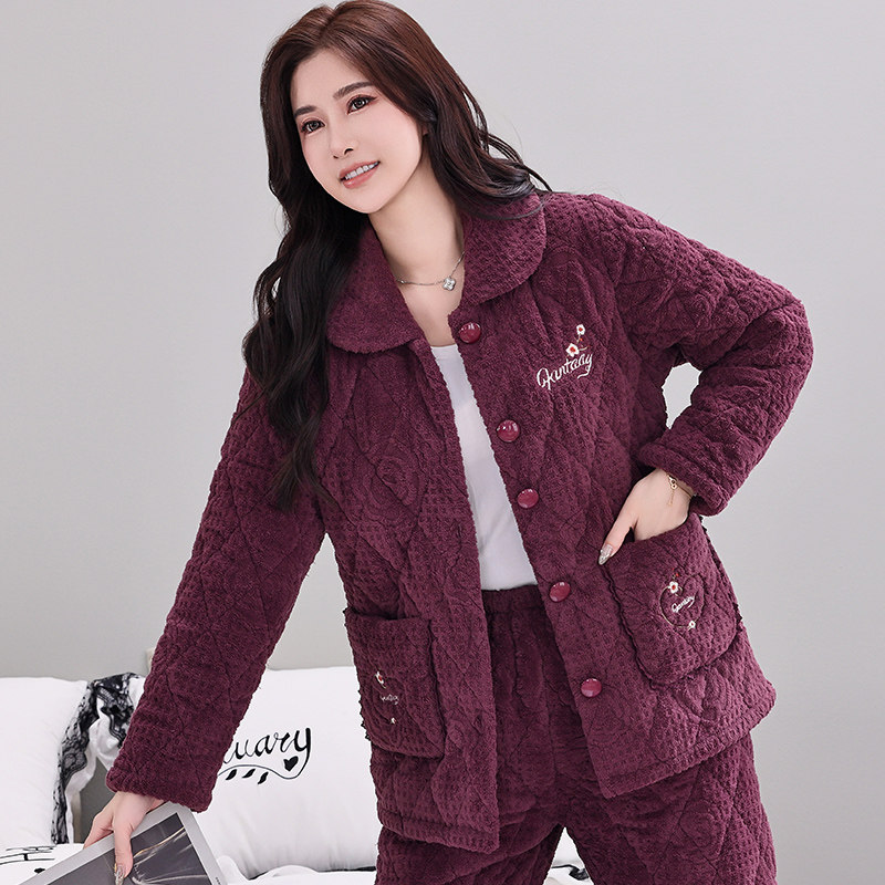 睡衣女士秋冬季三层加厚珊瑚绒夹棉袄保暖加绒新款中青年人家居服,淘宝优惠券,粉丝福利购,淘宝优惠卷