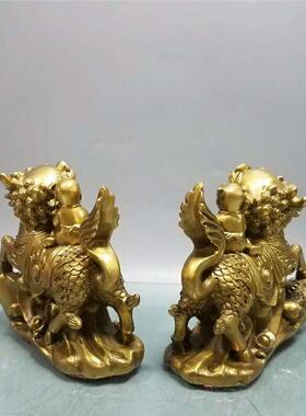 新款直销黄铜麒麟摆件黄铜麒麟童子骑麒麟