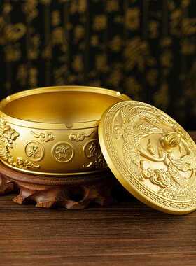 新款直销黄铜烟灰缸家用客厅酒店龙凤纯铜聚宝盆中式办公家居摆件