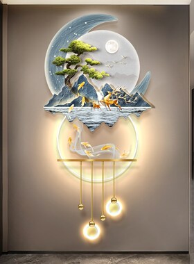 迎客松新中式玄关发光装饰画山水LED灯光挂画立体人体感应壁画灯