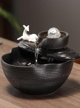 时来运转陶瓷风车流水桌面摆件循环水招财风水轮客厅办公室装饰品