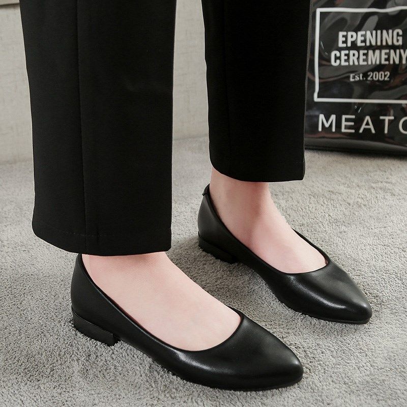 工作鞋女黑色春季粗跟中跟平底防滑软底空姐皮鞋尖头职业上班单鞋,淘宝优惠券,粉丝福利购,淘宝优惠卷