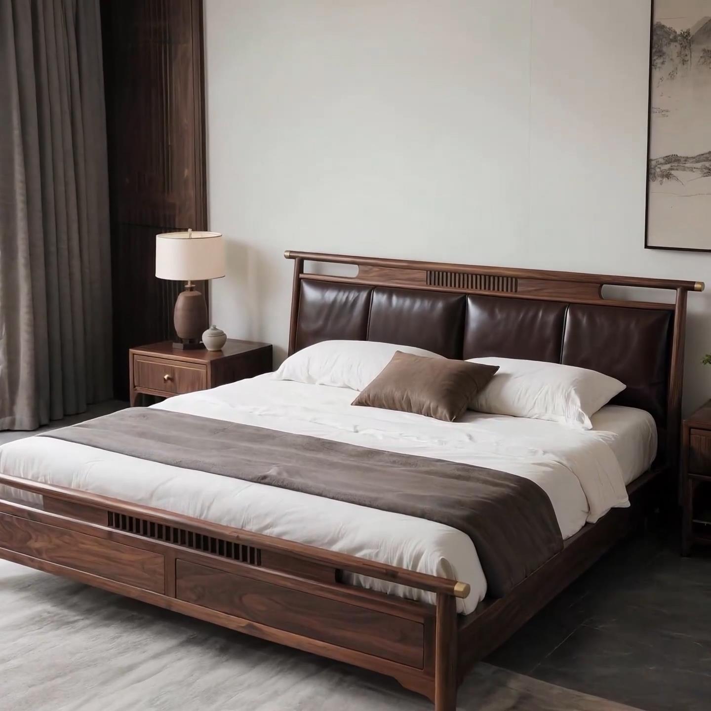 新中式北美黑胡桃木床实木床宋氏美学卧室双人床婚床真皮高级定制 - 图3